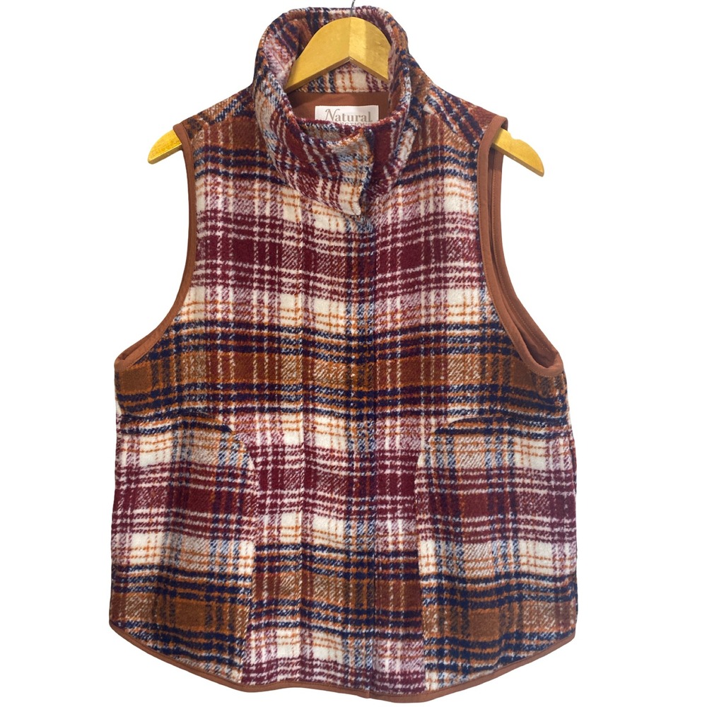 Natural Reflections Womens Plaid Wool Blend Snap Front Fleece Vest Burgundy S/P